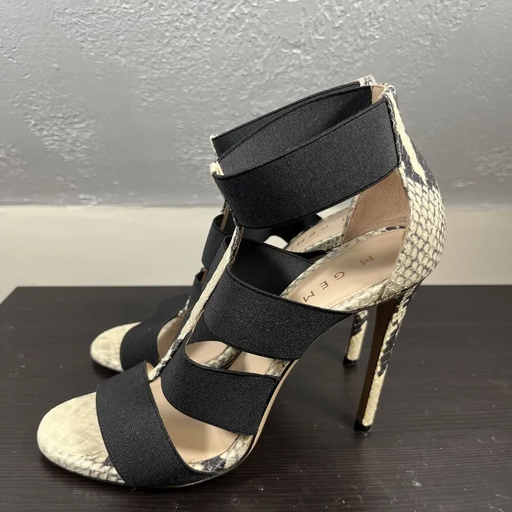 M. Gemi Black/snakeskin Strappy High Heels Sandals Leather Womens Size 38 Europe